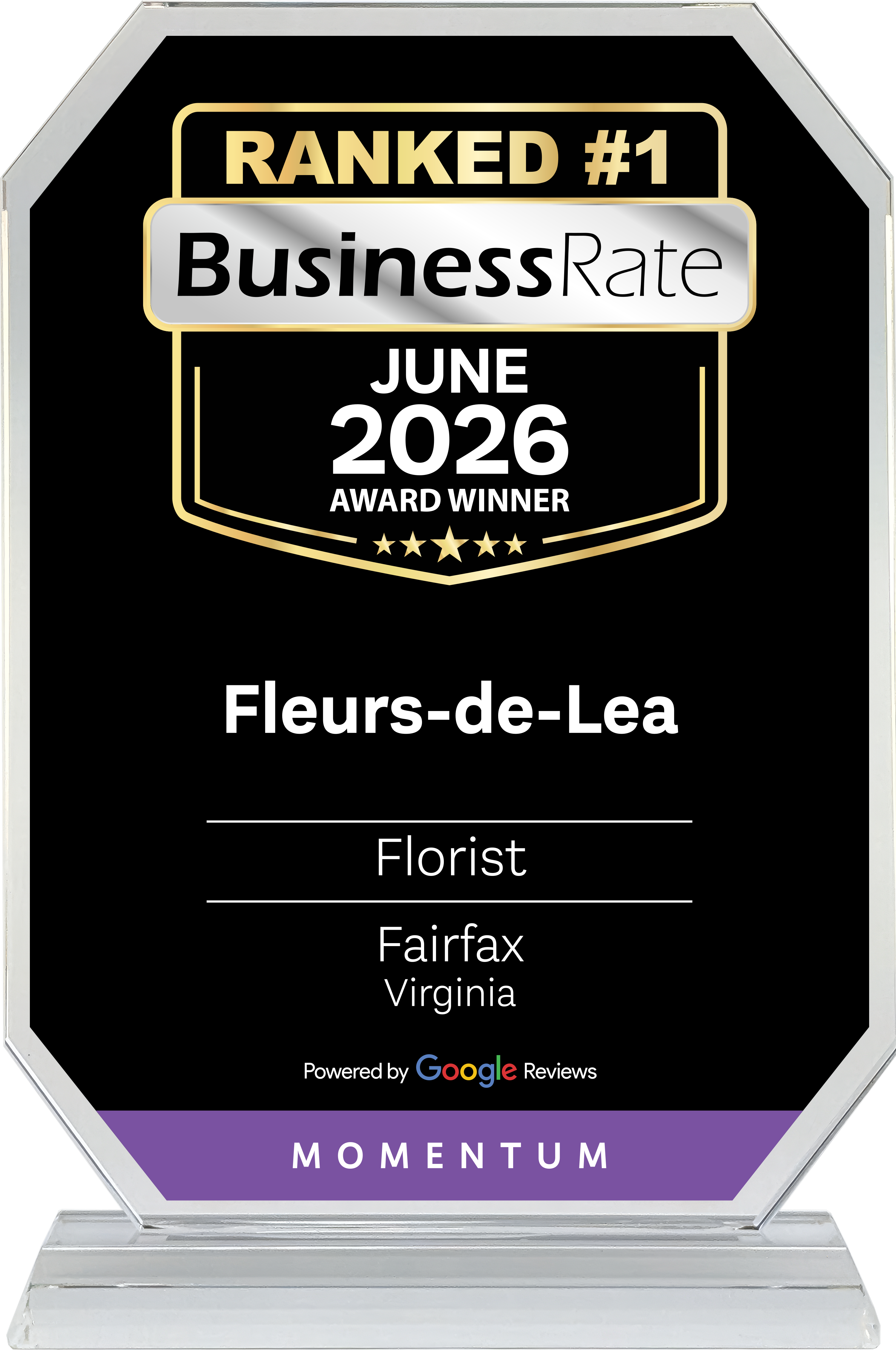 Fleurs-de-Lea ranked #1 Florist in Fairfax, Virginia by BusinessRate, June 2026 Award Winner