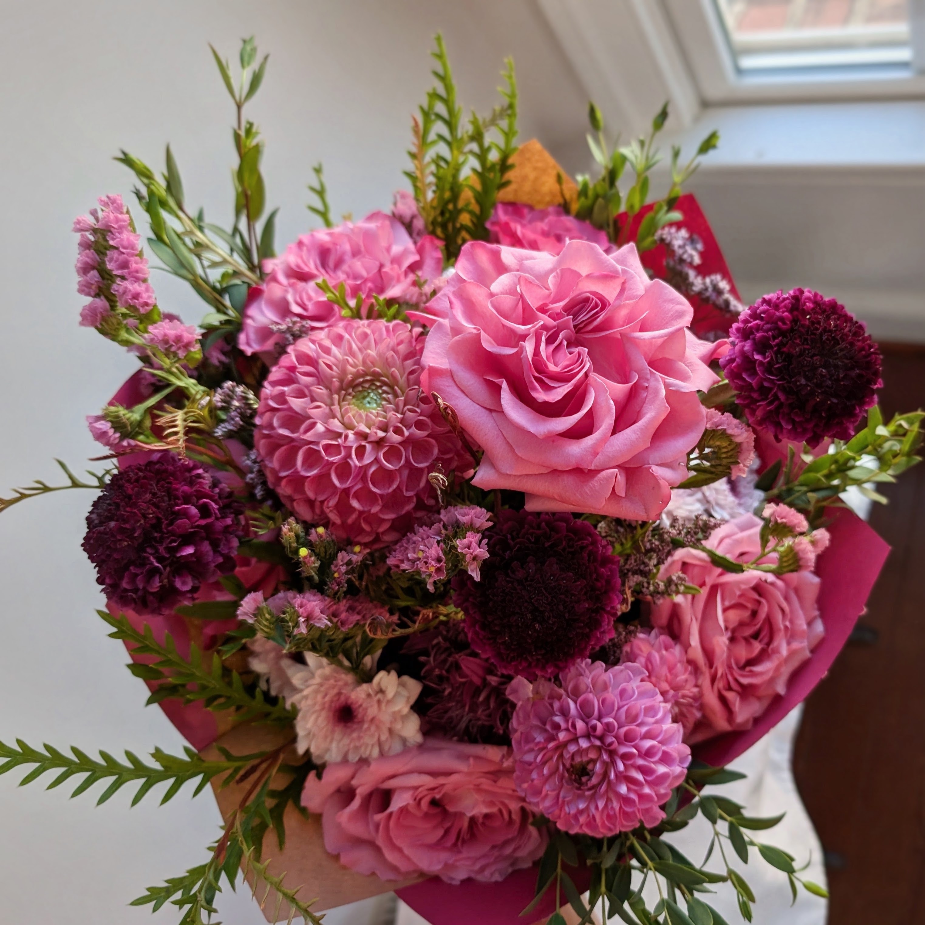 Hand-Tied Dahlia & Rose Bouquet